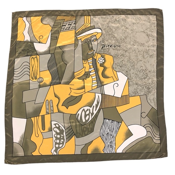 Accessories - Picasso Design 100% Silk Scarf - Gold Green/Grey Black Geometric Abstract Modern